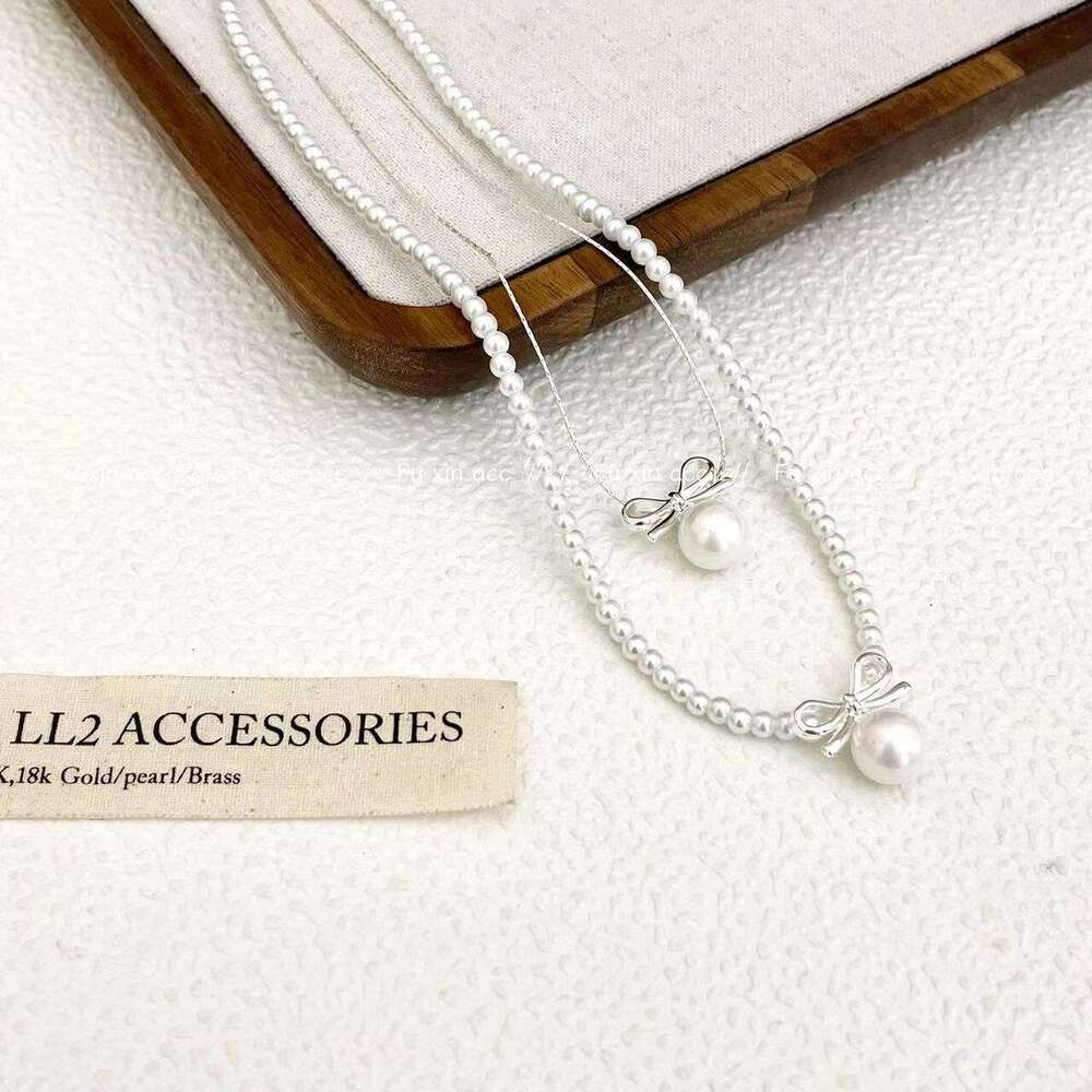 Cool Summer Pearl Bow Necklace for Women French Style High-end Clavicle Chain Light Niche Versatile Durable Jewelry cf6