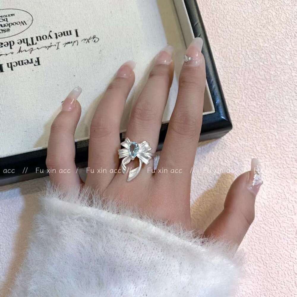Light Blue Fashion Bowknot for Women Gentle Exquisite Versatile Open Ring Niche High-end Design Jewelry cc1