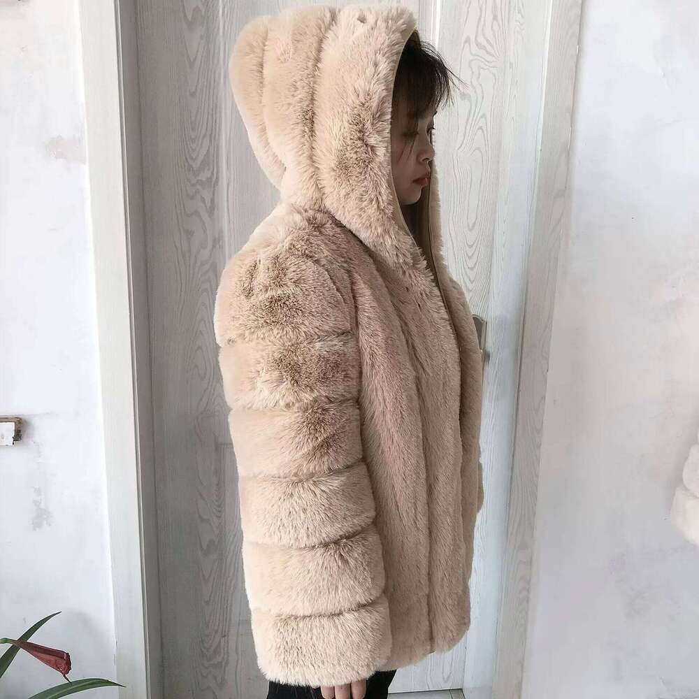LHXDW Women's faux fur hooded coat winter warm fashion hooded fur jacket imitation fox fur fluffy coat women's clothing