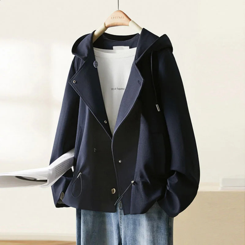 Spring And Autumn Female With Lining Cloth Windbreaker Jacket 2025 Women Leisure Hooded Trench Coat Ladies Short Lined Overcoat 250728