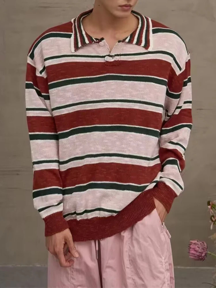 Vintage Contrast Color Knitted Polo Shirt Mens Autumn Outdoor Casual Long Sleeve Jumper Tops Men Fashionable Striped Shirts 250731