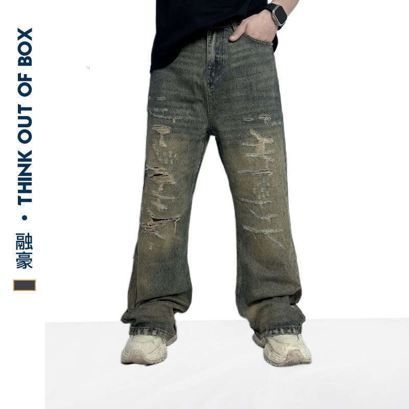 Stain-Dyed Personality Ripped Jeans American Vintage Washed Design Summer Trendy Unisex Wide-Leg Pants B5