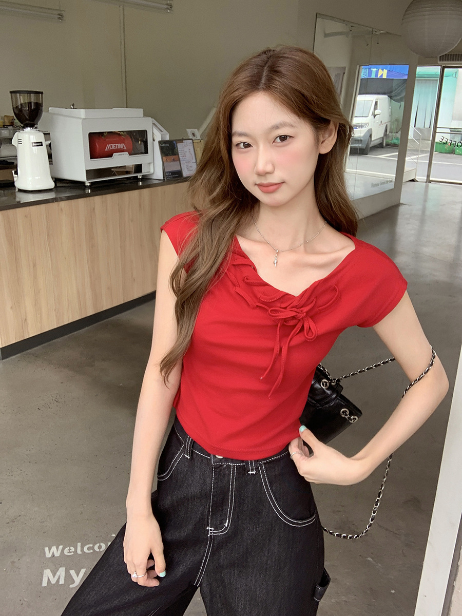 2025 American retro lace up off shoulder short sleeved T-shirt summer new slim fit top new designer T-shirt