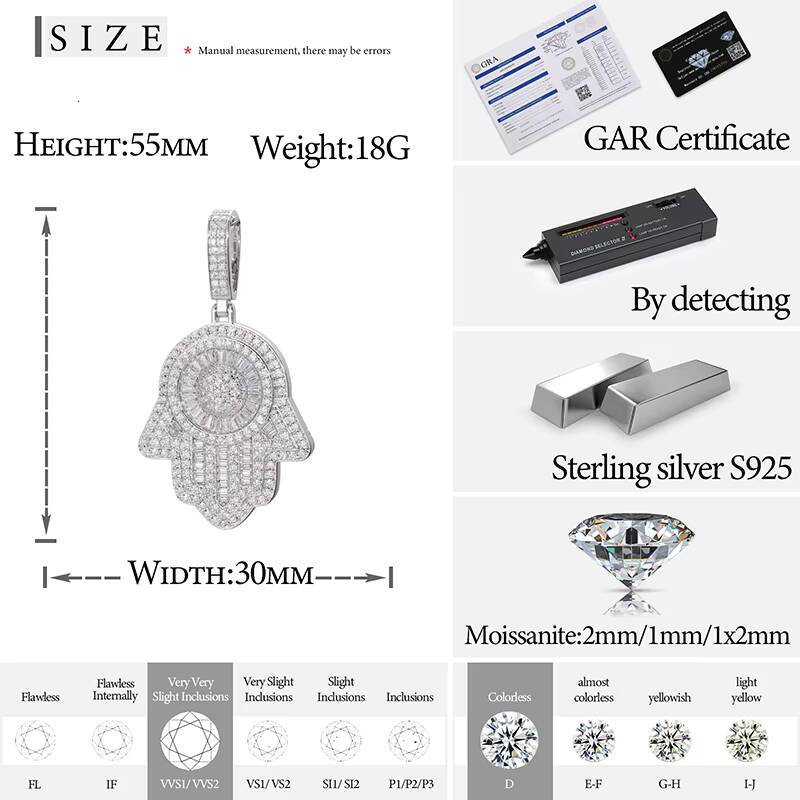 Bling Luxury 925 Sterling Silver Baguette VVS Moissanite Diamond Iced Out Hamsa Hand Pendant Necklace for Jewelry Gift