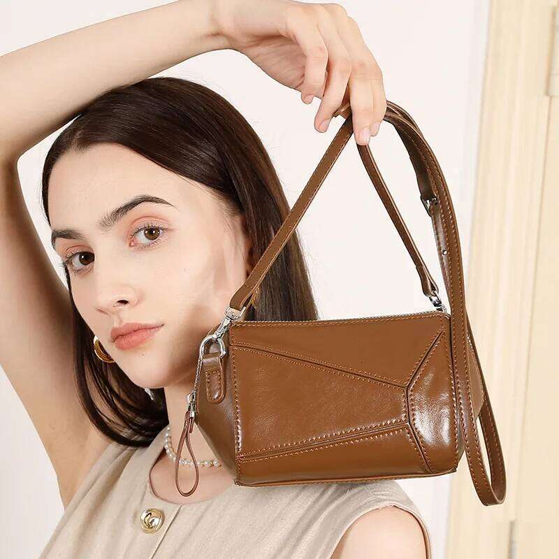 Retro Geometric Splicing Women's Premium 2025 New Genuine Leather Bag, Versatile Fashion Single Shoulder Crossbody Bag