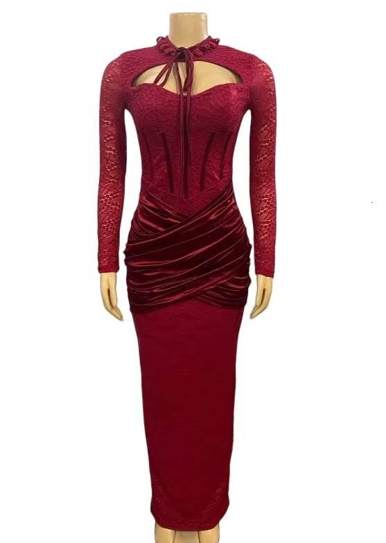 New Half-high Collar Lace-up Stitching Low-cut Sexy Hip-hugging Long-sleeved Dress Evening Dress