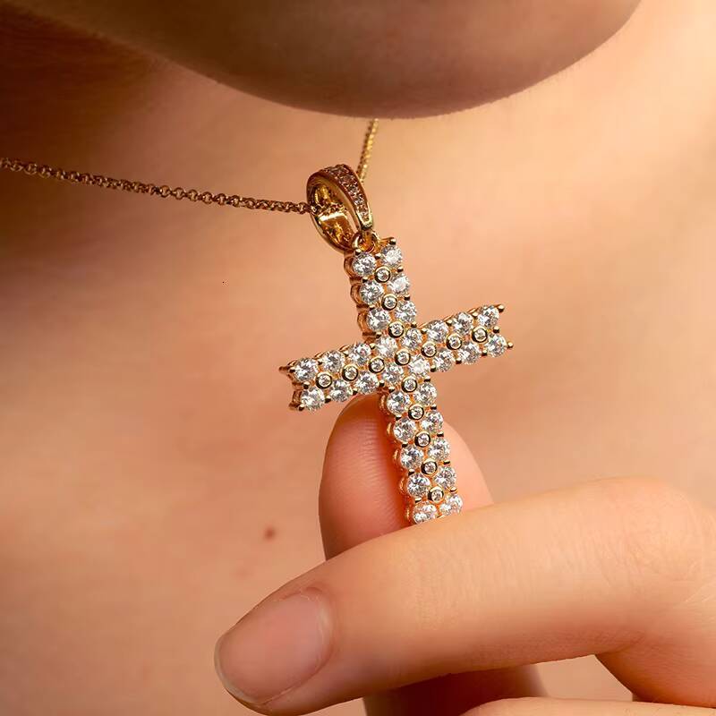 Best Selling Jewelry 925 Sterling Silver 2 Row VVS Moissanite Diamond Iced Out Hip Hop Cross Pendant Necklace