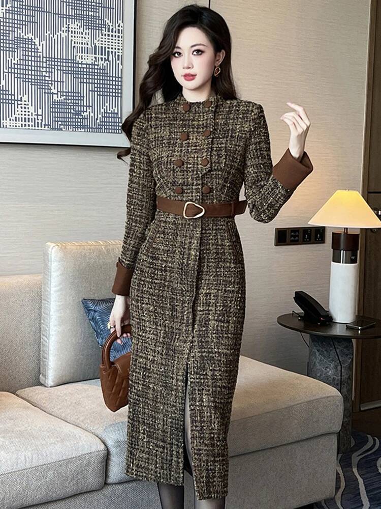 Women Clothes Tweed Plaid Formal Ocn Double Breasted Belt Slim Slit Midi Pencil Dress Elegant Vestidos Commute Casual New dongdumaoyi