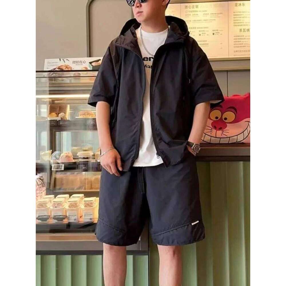 Summer Men Tracksuit Chic Hooded Quick Drying Short Sleeve Shorts Casual Zip Shirt Couple Youth Korean Loose Two Piece Set