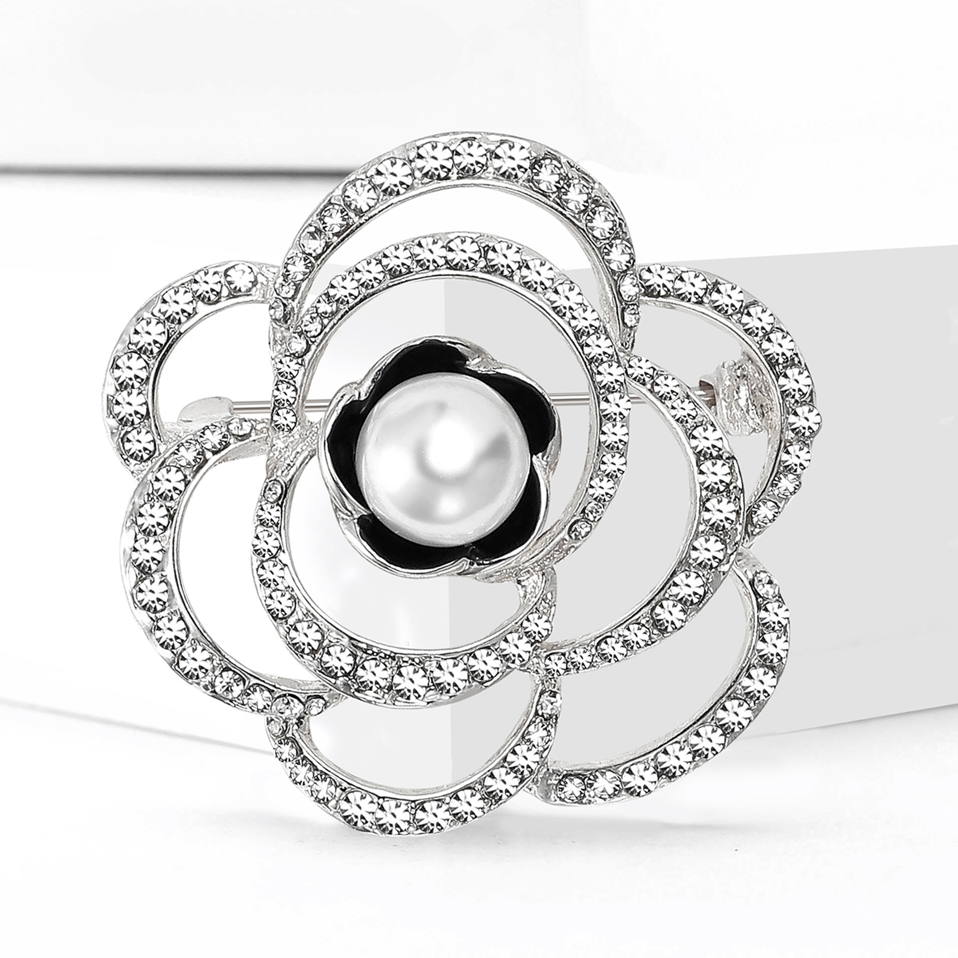 Silver Tone Rhinestone - Encrusted Camellia Flower Brooch With Pearl Center And Black Enamel Accents Elegant Party Jewelry Gift For Her High Quality J