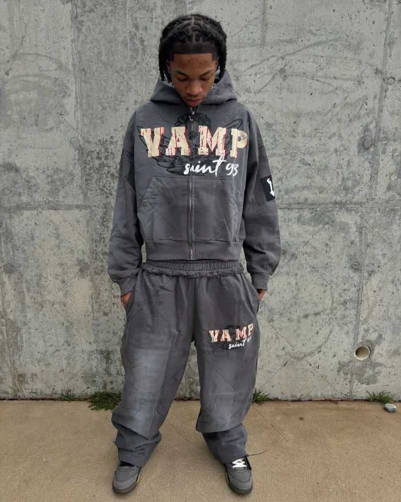 Hip-hop Harajuku Trendy Streetwear Jacket Retro Letter Print Zipper Hoodie Men High Street Casual Oversized Sweatshirt Women XJ250731