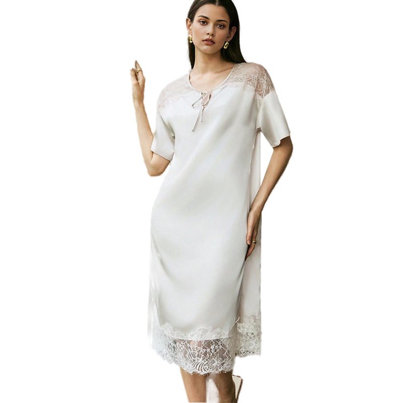 2025 New Women's Spring/Summer Silk Satin Lace Patchwork Short-Sleeved Long Dress Nightgown Homewear