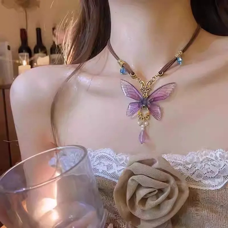 Retro Resin Purple Butterfly Pendant Rope Chain Necklace For Women Ethnic Fashion Accessories 250729
