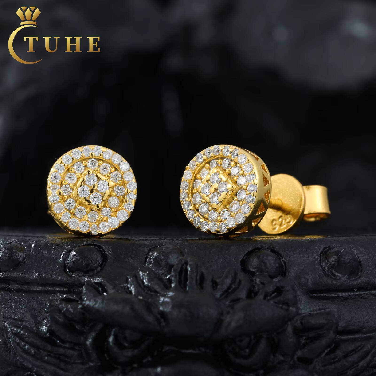 Wholesale Fashion Jewelry Gold Plated 925 Sterling Silver Micro Paved VVS Moissanite Diamond Circle Stud Earring for Men