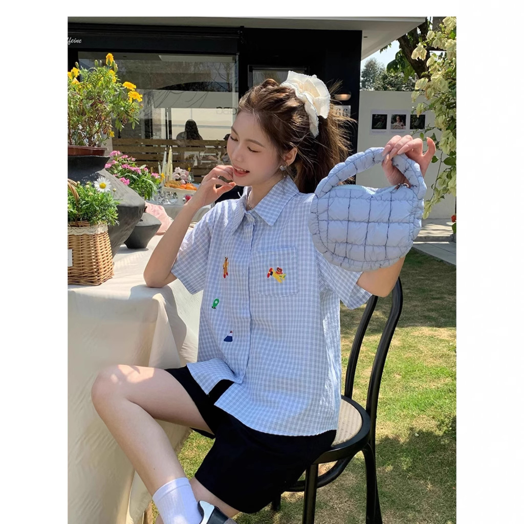 2025 Blue Polo Embroidered Short sleeved Women's Shirt Summer Versatile Unique Plaid Design Niche New Designer T-shirt