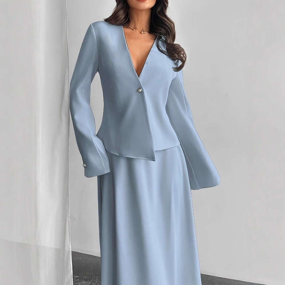 Autumn Women's Fashion Set One Button Solid Color Elegant Blazer V-Neck Half Skirt Outfit