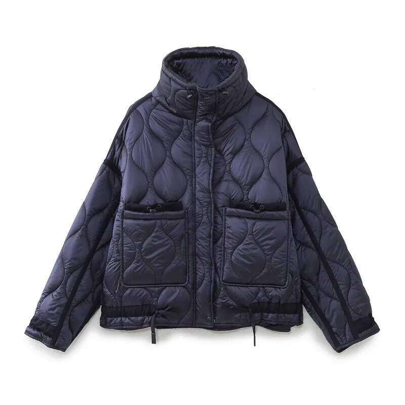Standing Collar Dia Grid Cotton Women's Autumn And Winter New Fashion Design Sense Pocket Thick Short Jacket 250728