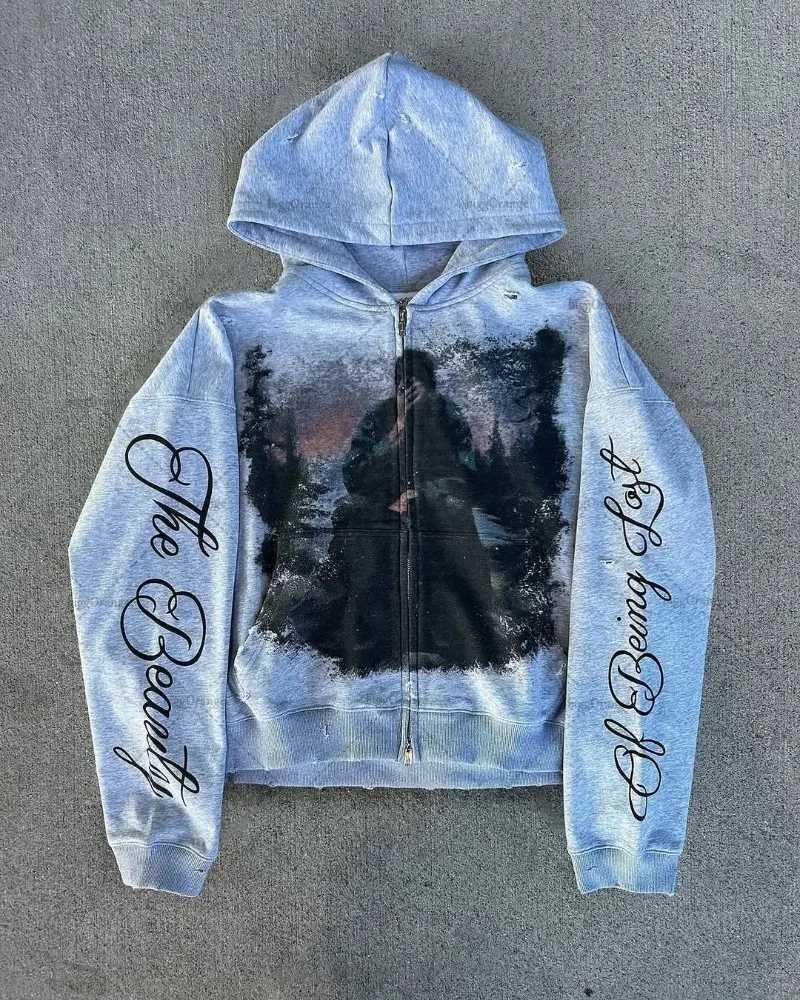 2025 High Street American Retro Streetwear Men Gothic Harajuku Letter Printed Zipper Hoodie Trendy Punk Y2K Oversized Sweatshirt XJ250731