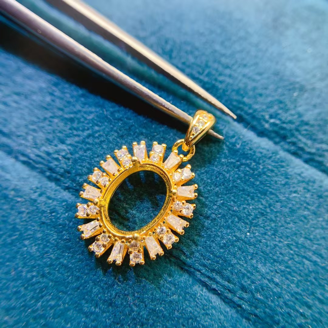 8mm*10mm oval gemstone necklace pendant 925 silver necklace pendant setting with 18K gold plating