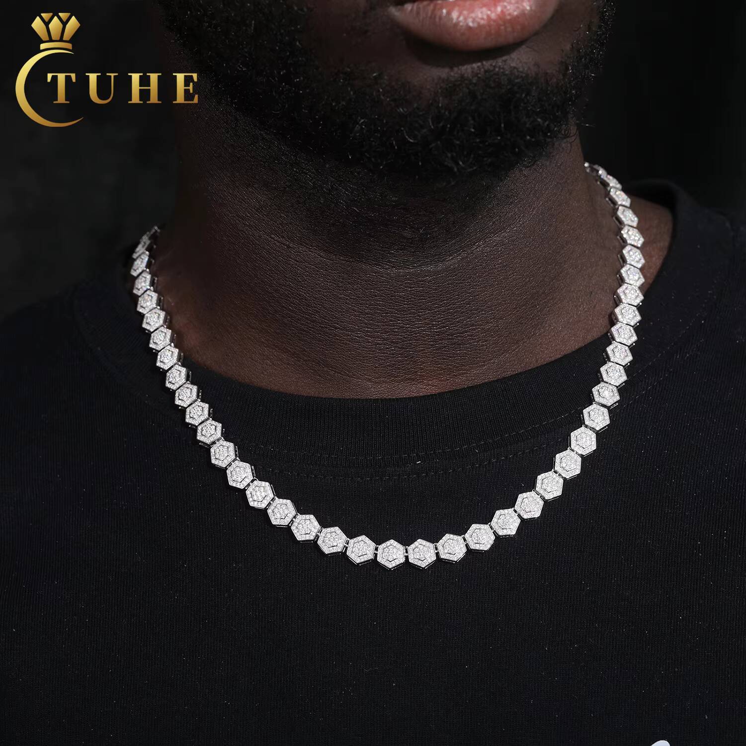 Jewelry Wholesale Mens Geometric Necklace 8.5mm 925 Sterling Silver VVS Moissanite Diamond Iced Out Hexagon Link Chain