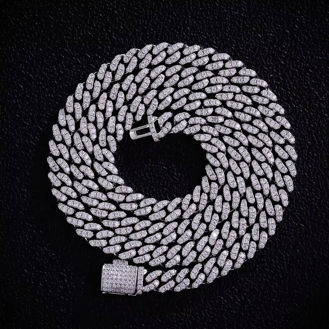 Wholesale Hip Hop Jewelry 3 Rows VVS Diamond S925 Sterling Silver Miami Cuban Chain Iced Out 15MM Moissanite Cuban Link Chain