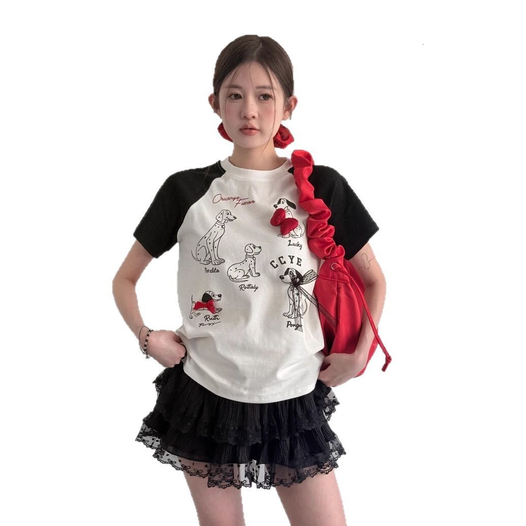 2025 summer new sweet and cool style spray painted Dalmatian dog bow small version short sleeved women's T-shirt new designer T-shirt