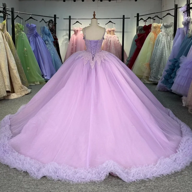 Light Lilac Shiny Quinceanera Dresses Ball Gown Spaghetti Strap Beading Tull Party Birthday Sweet 16 Dress Vestidos 15 De Anos