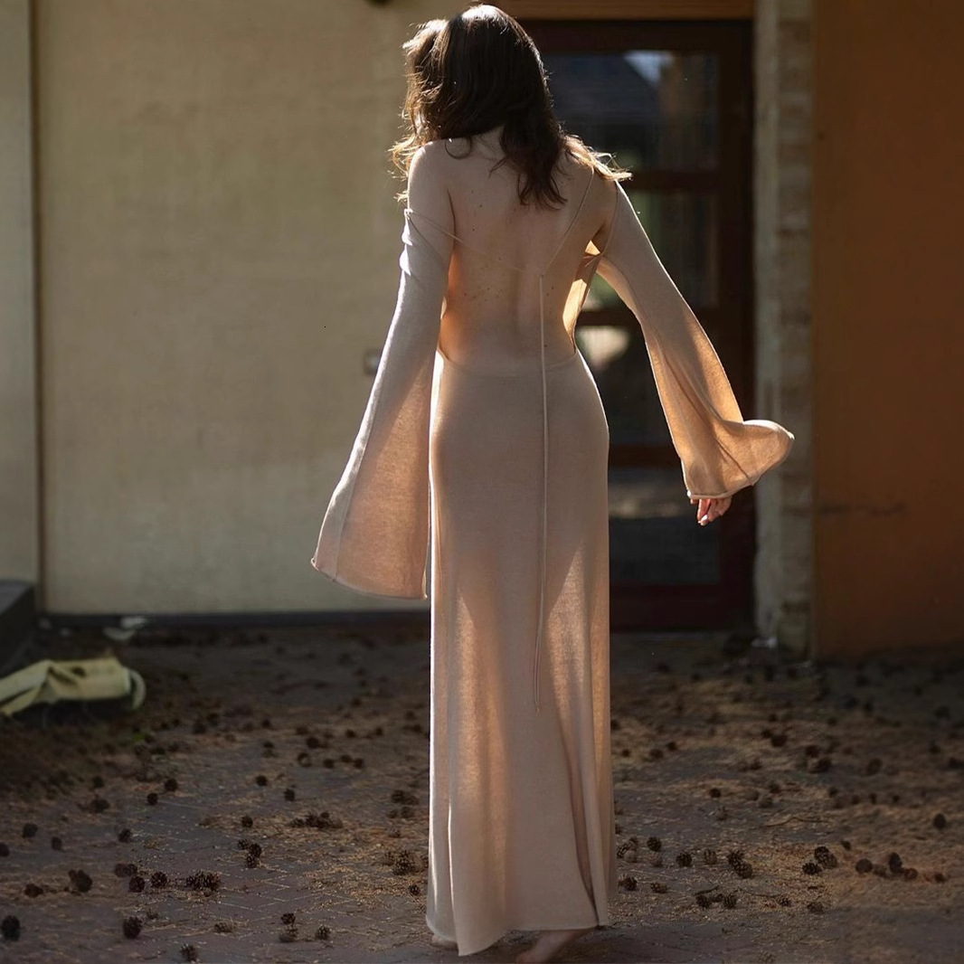 French Sexy Open Back Dress Knitted Thin Autumn/Winter 2023 Holiday Dress