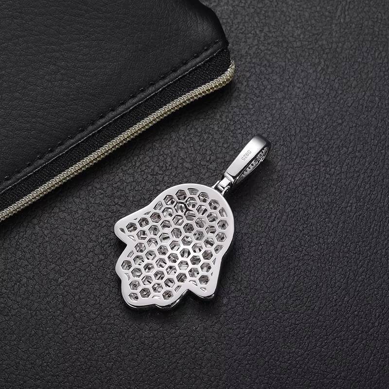 Bling Luxury 925 Sterling Silver Baguette VVS Moissanite Diamond Iced Out Hamsa Hand Pendant Necklace for Jewelry Gift