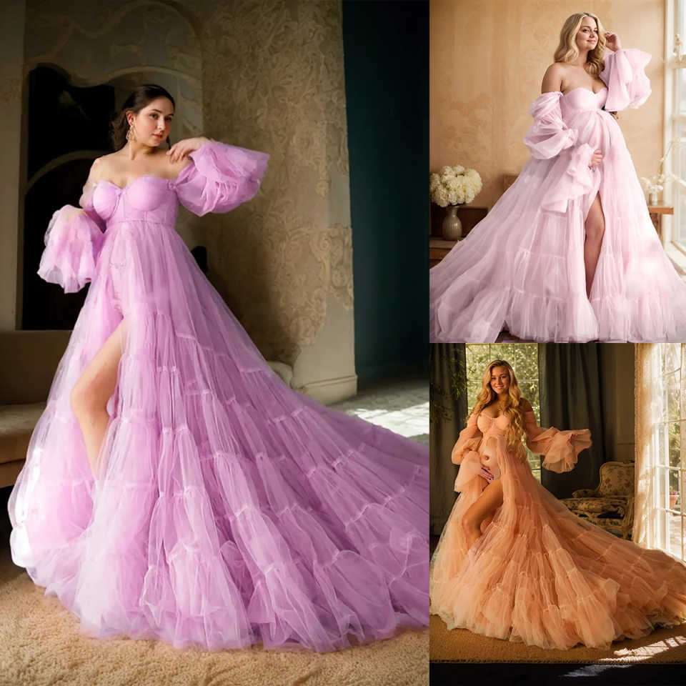 Multi-layer Maternity Dresses For Photoshoot Tulle Strapless Long Sleeves Wedding Bridal Sleepwear BabyShower Gown Customized