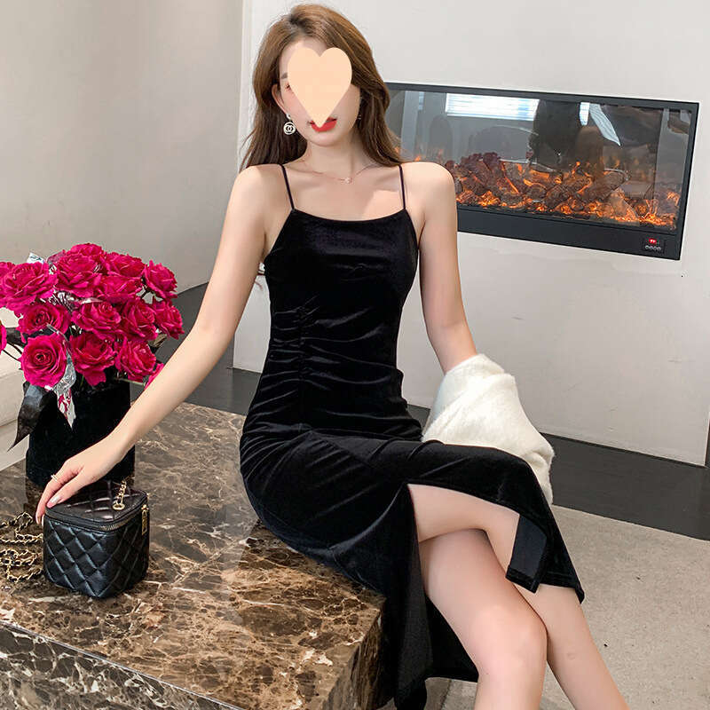 New Velvet for Women, Autumn and Winter, Spaghetti Strap, Slit, Inner Layer, High-Value Mid-Length Little Black Dress