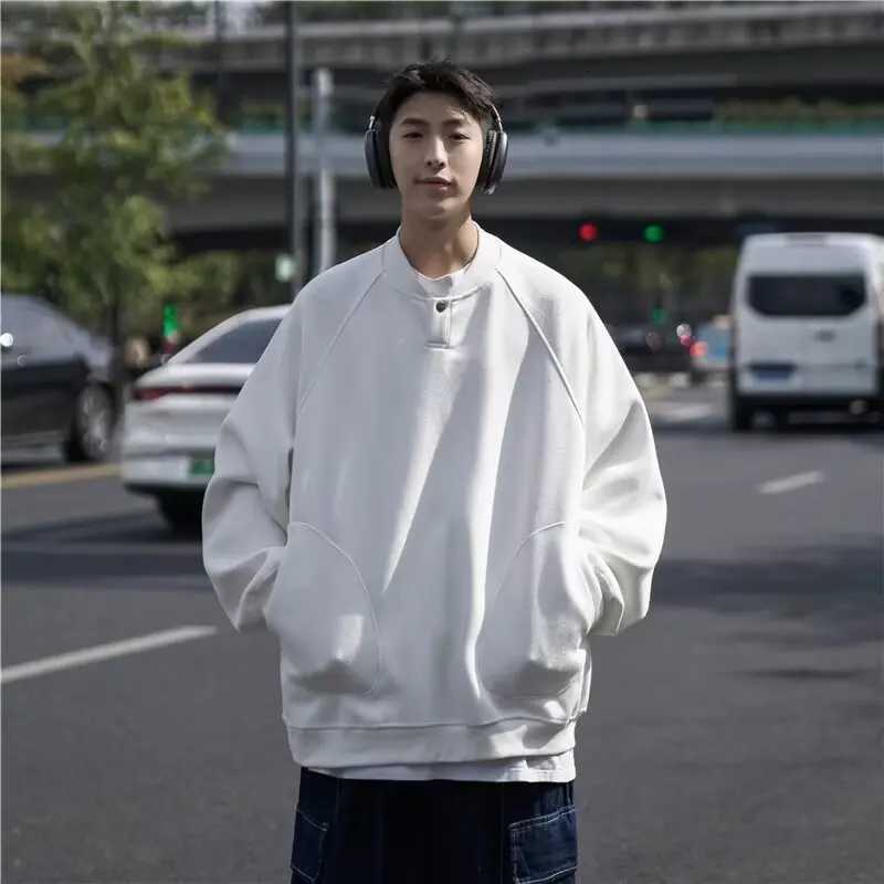 Mens Autumn New Round Neck Long Sleeve Sweatshirt Loose Solid Color Pullover Top XJ250731