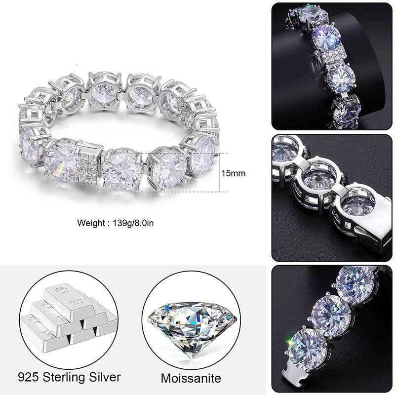 Big Size 925 Sterling Silver 15mm 494ct VVS Moissanite Tennis Chain Bracelet Pulsera Luxury Hip Hop Jewelry Men Women