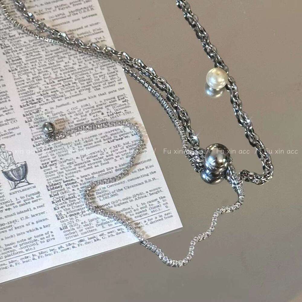 Metal Style Double Layer Stacked Double-Sided Dia Necklace Light High-End Round Bead Pendant Collarbone Trendy Sweater Chain 90f