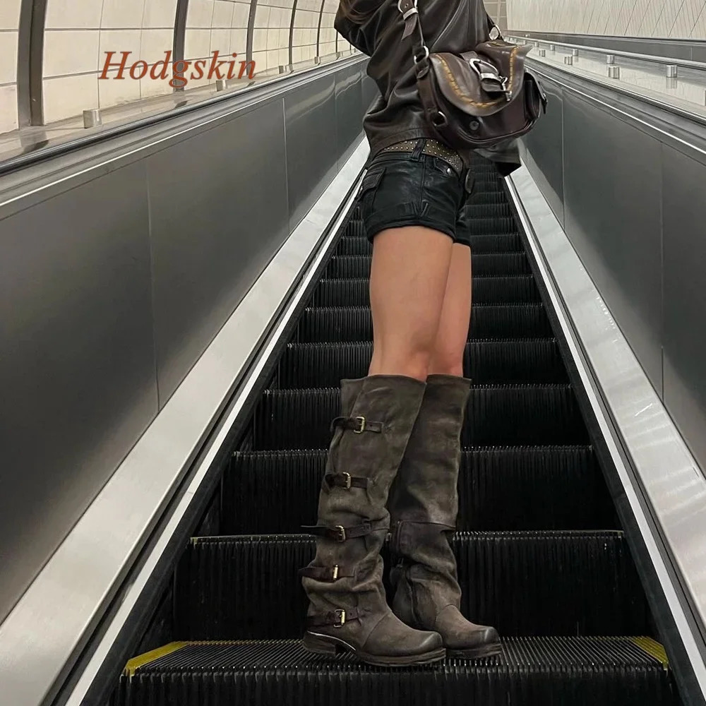 Sewing Denim Round Toe Women Boots Belt Buckle Platform Knee High Pleated Boots Solid Slip On Fashion Casual Comfortable Boots 250729