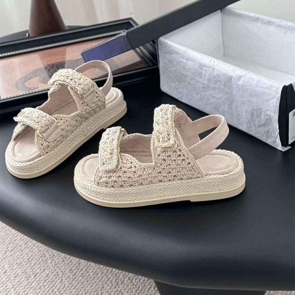 Women Size35-41 Weaving Sandals Med Heels Genuine Leather Flat Platform Summer Beach Designer Shoes Zapatillas De Mujer fb5