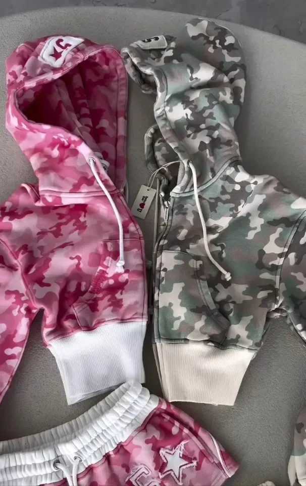 Women Harajuku Camouflage Zip Up Hoodie and Shorts 2 Piece Sets Y2k Sexy Slim Cropping Coat Sweatshirt Gothic Sport Short Suit XJ250731