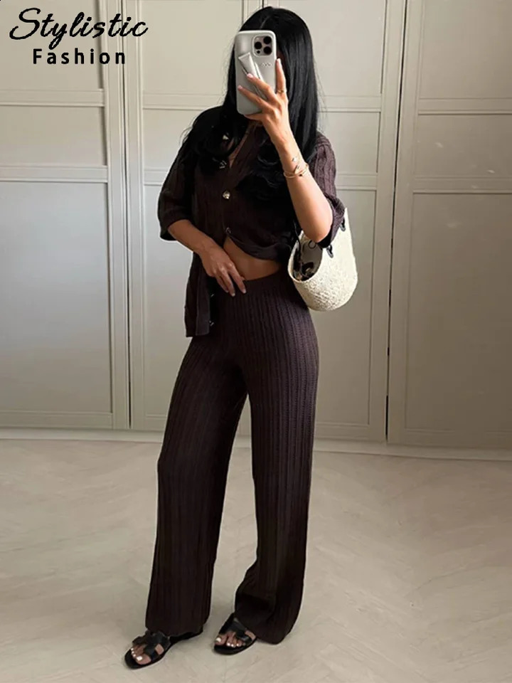 Casual Knit Pants Set Women Hollow Out Lapel Half Sleeve Shirts Elastic Waist Loose Trousers 2025 Summer Beach 2 Piece Sets Lady 250724