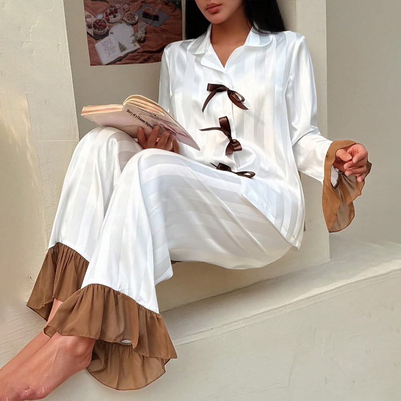 2025 New Women's Spring and Autumn Silk Colorful Wide Striped Color Block Lace Bow Long Sleeve Long Pants Pajama Set