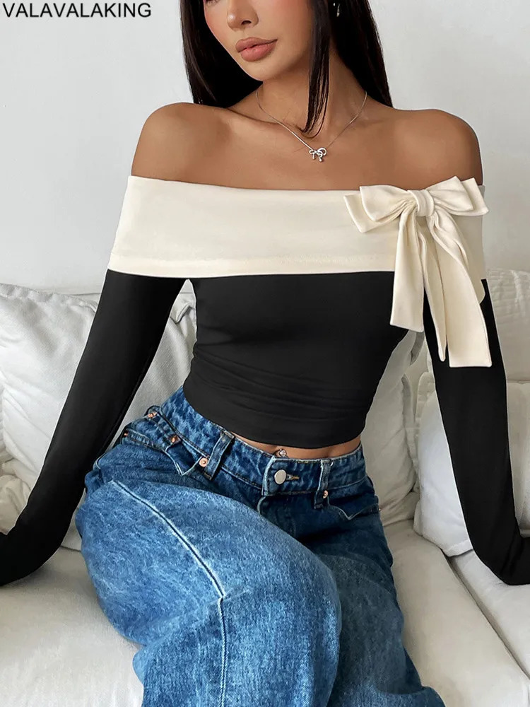 Sexy Spring Black Patchwork Crop Top Women Bow Tied Bandeau Tight Tshirt Lady Y2K Off Shoulder Long Sleeve Clud Tops 250730