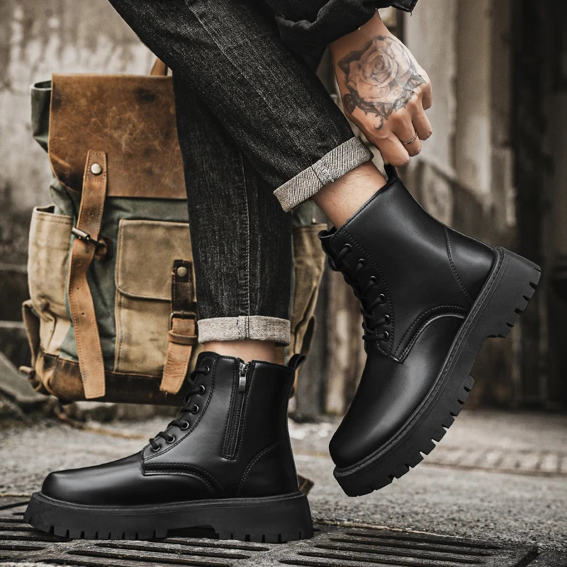 2025 Couples Casual Boots Four Season Men Womens High Top Leather Boots Fashion Thick Soled Non Slip Plus Size Outdoor Boots 250729