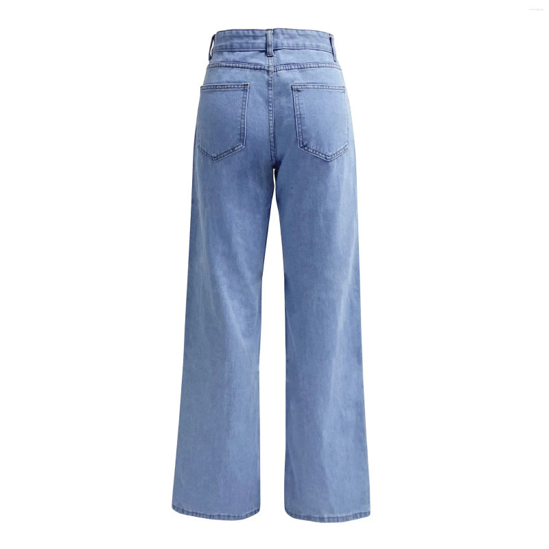 Womens Jeans Denim Women Straight Pants Washing High Waist Loose Pockets Basics Ankle Length Y2k Blue Streetwear Slight Strech