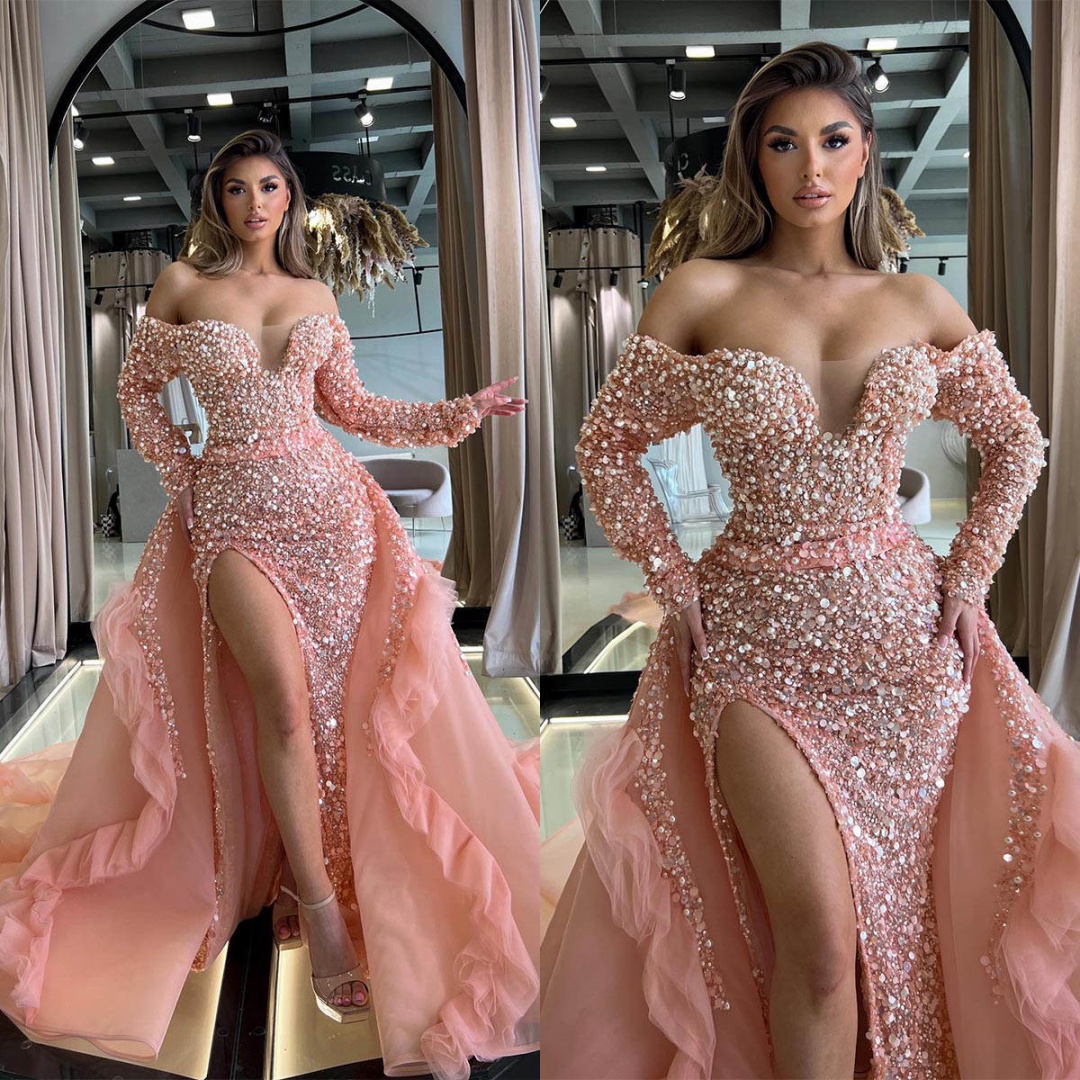 Stunning Prom Dresses Pearls Sequins Prom Gowns Detachable Train Side Split Off Shoulder Evening Party Dresses Customized