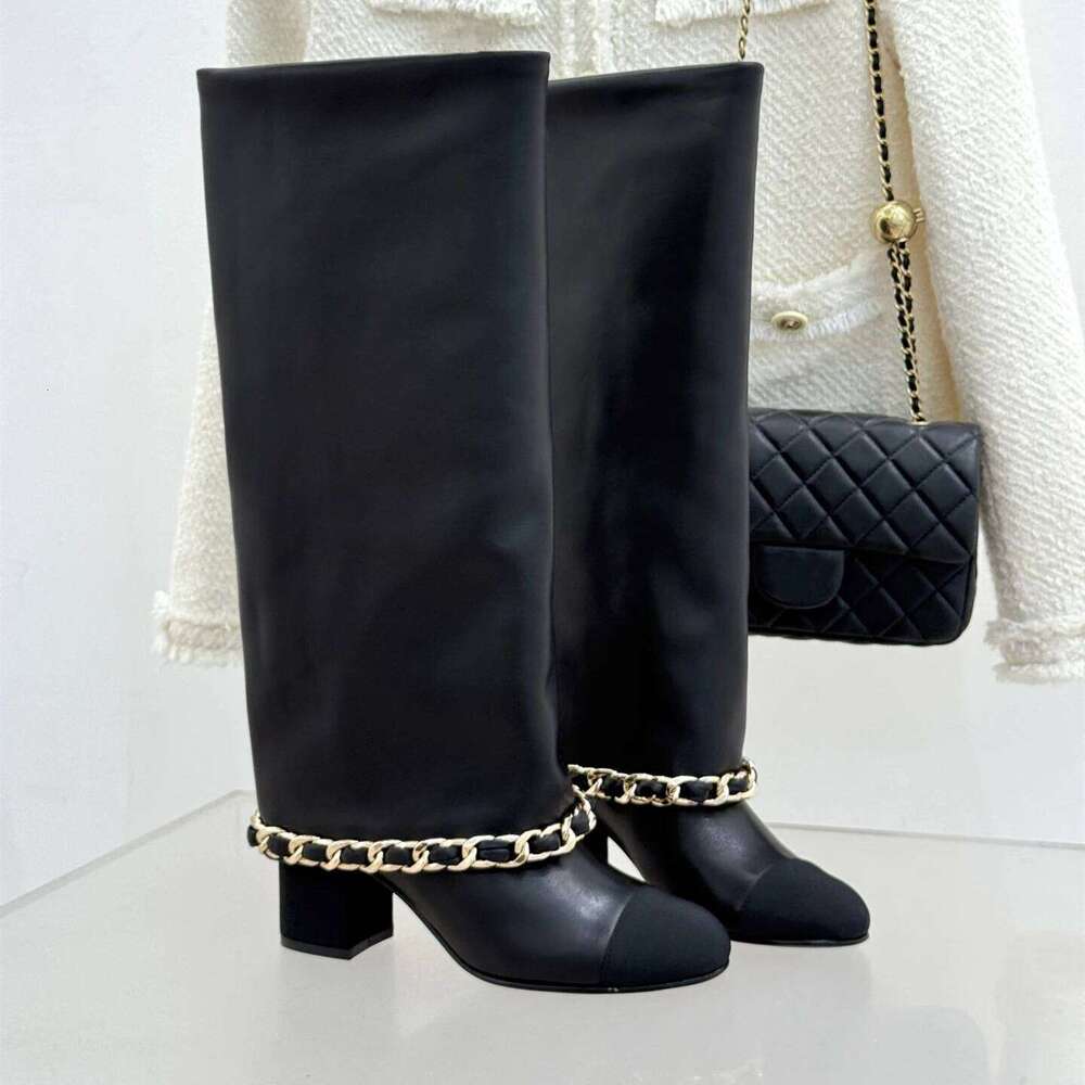 Women Size35-41 Genuine Leather High Heels Chain Knight Boots Round Toe Slip On Designer Shoes Zapatillas De Mujer e7b