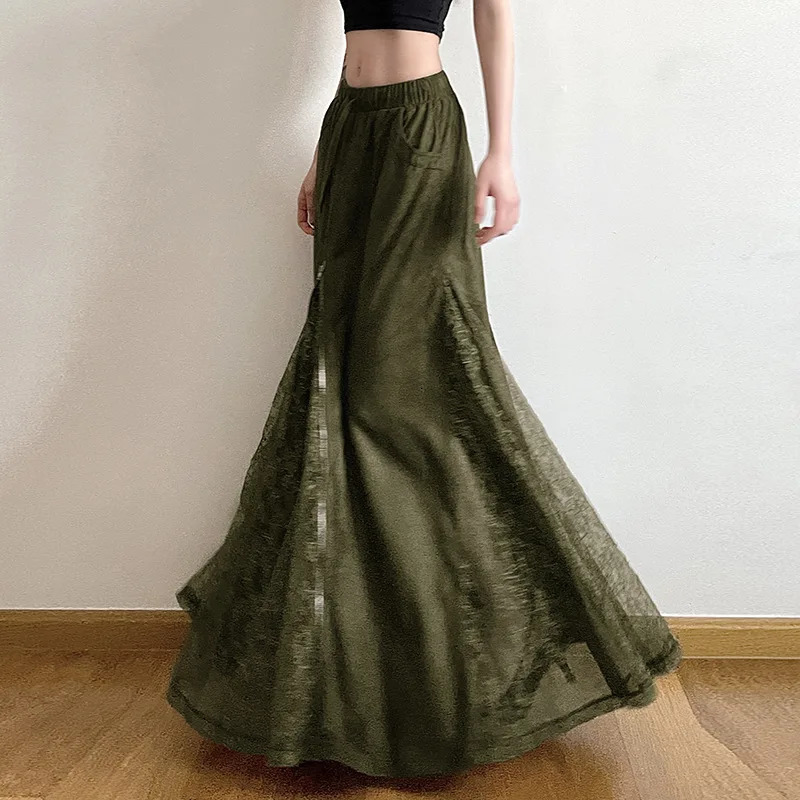 Women Vintage Suede Nap Lace Patchwork Hem Zip Long Skirt Cyber Y2K Chic Drawstring Pocket Aline Skirts Lady Grunge Streetwear 250730