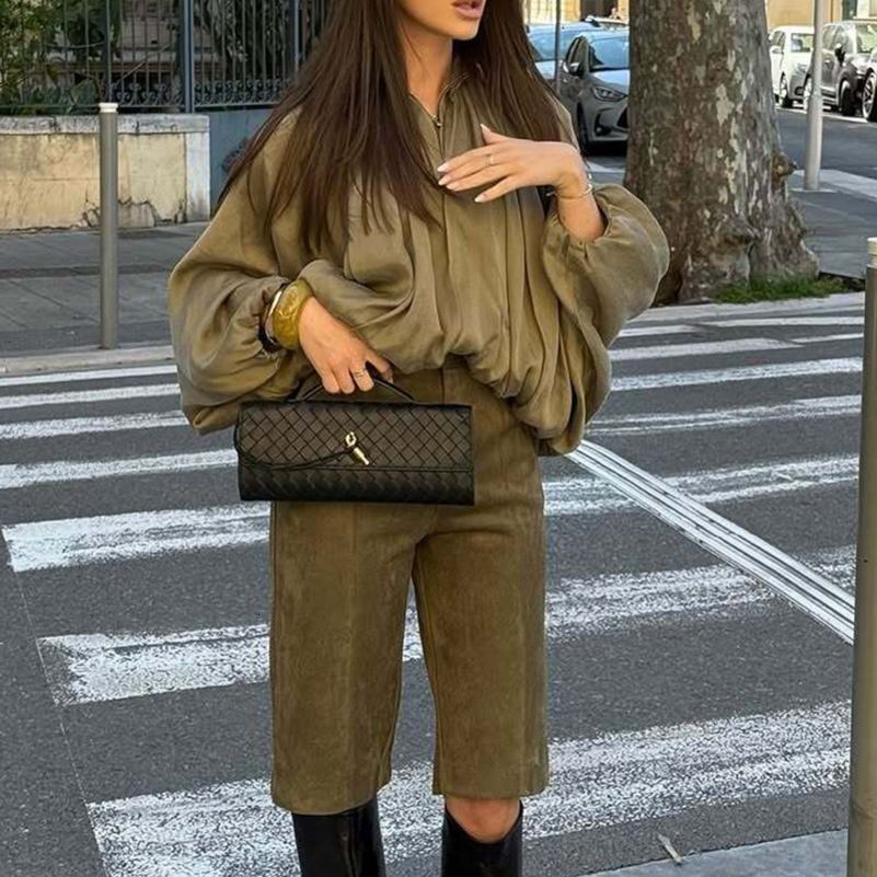 YENKYE Elegant Pleated Green Oversize Bomber Jacket Women Batwing Sleeve Lapel Collar Spring Coat Street Lady Top w250729