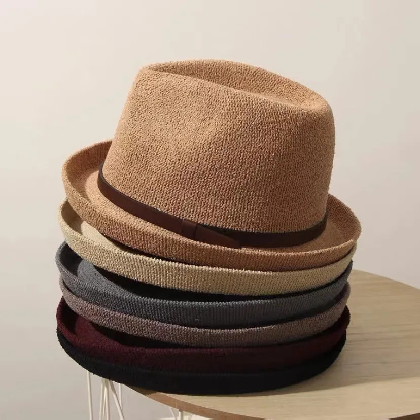 Autumn Vintage Breathable knitting Fedoras curling belt jazz hat women sunshade basin hat versatile fashion Cap 250730