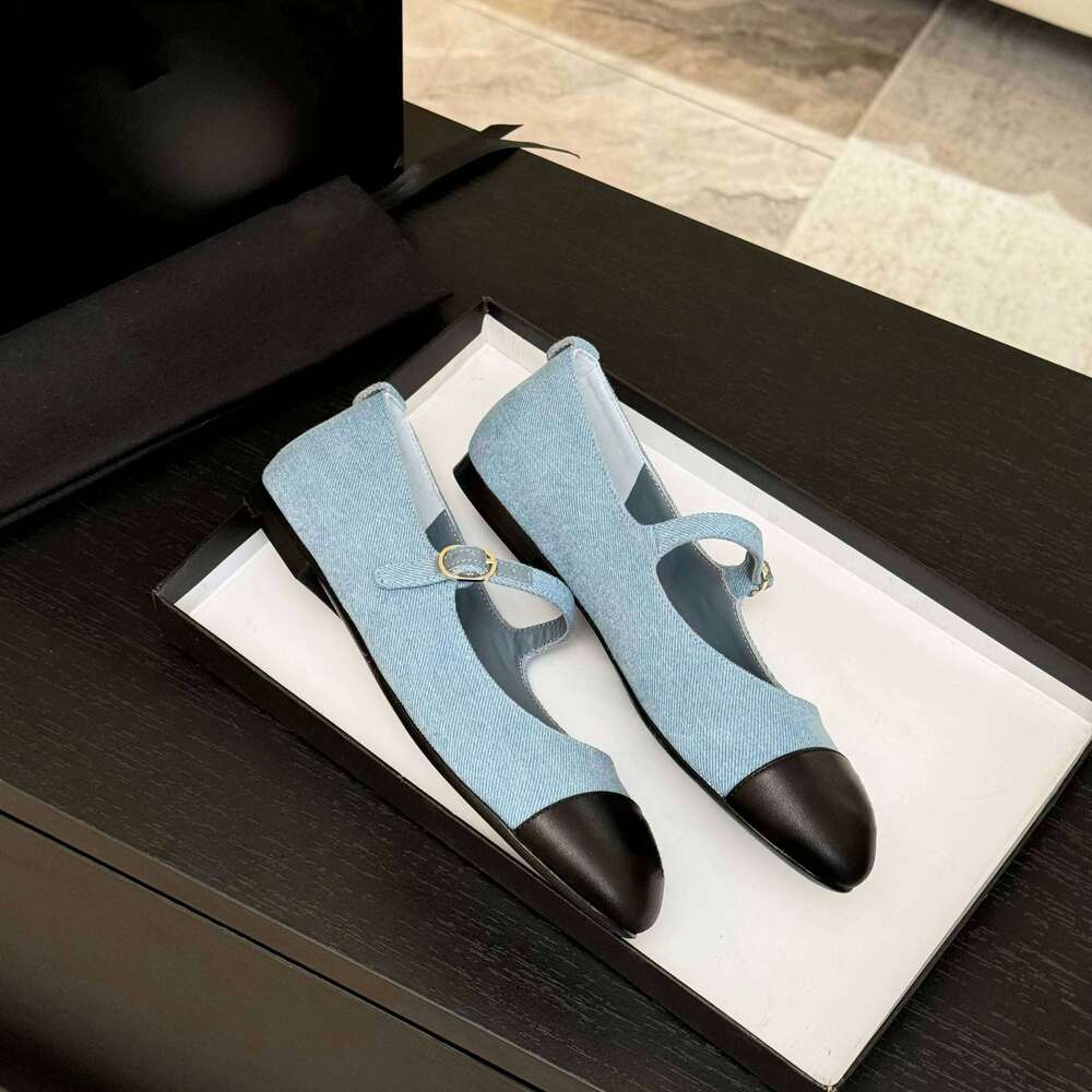 New Women Genuine Leather Ballet Flats Mary Janes Denim Round Toe Buckle Strap Roman Designer Shoes Zapatillas De Mujer 3ae