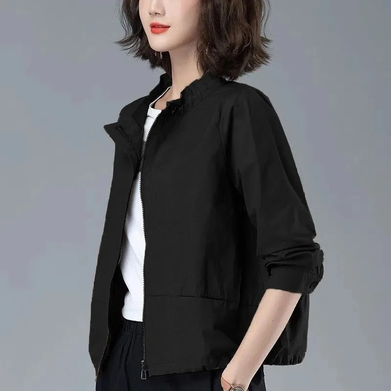 Spring Autumn Zipper Coat Outerwear For Womens Casual Stand-Up Collar Jacket Top Fashion Short Windbreaker Female 250728