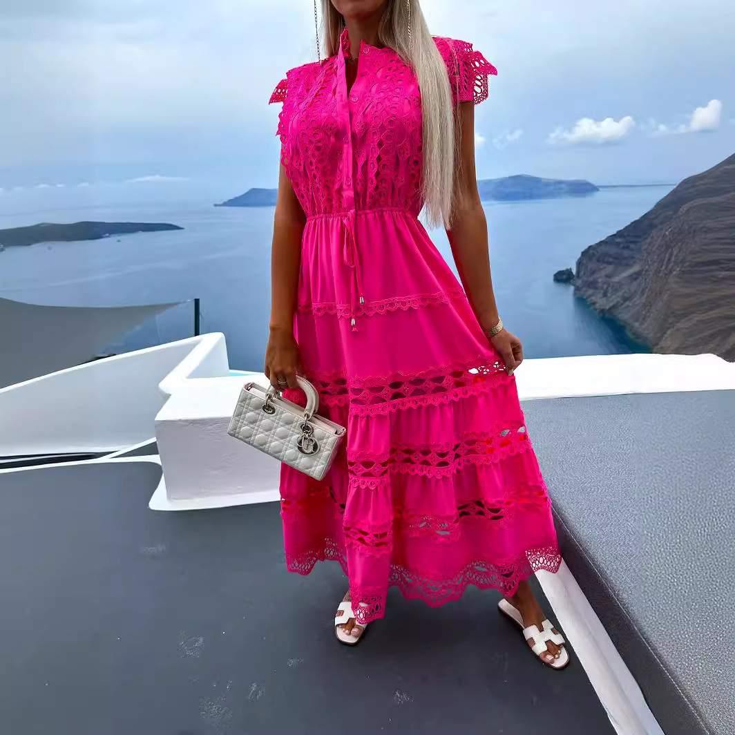 Womens Fashion LaceUp WaistCinching Lace Trim Patchwork Long Dress 250731